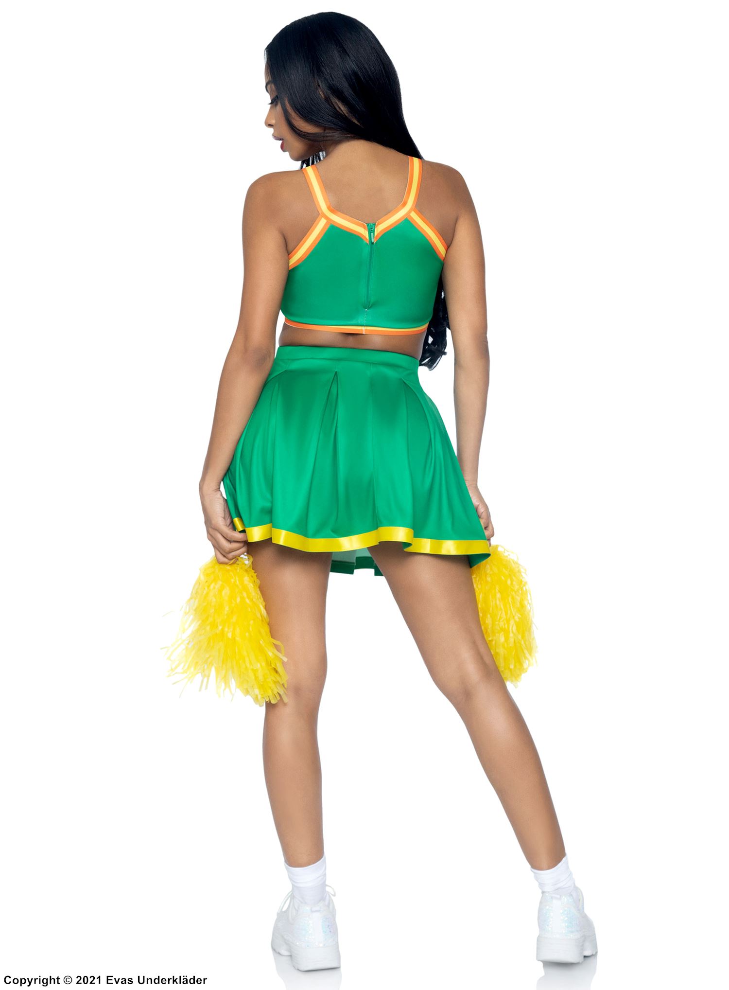 Cheerleader, maskeraddräkt med topp och kjol, plisséer och pom pom, ränder